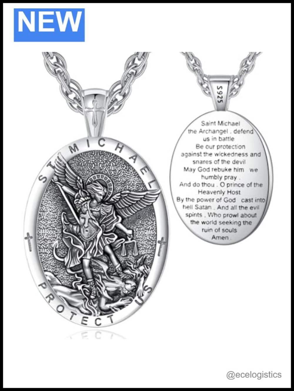 EUDORA 925 Sterling Silver Archangel Michael Pendant Necklace 22in